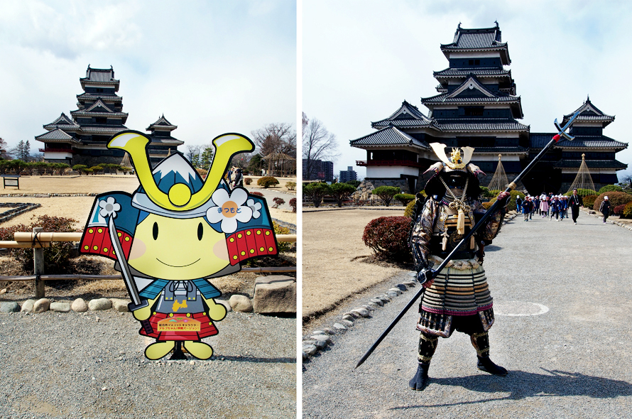 The cute mascot of Matsumoto City, compared to the attendant dressed in full armour